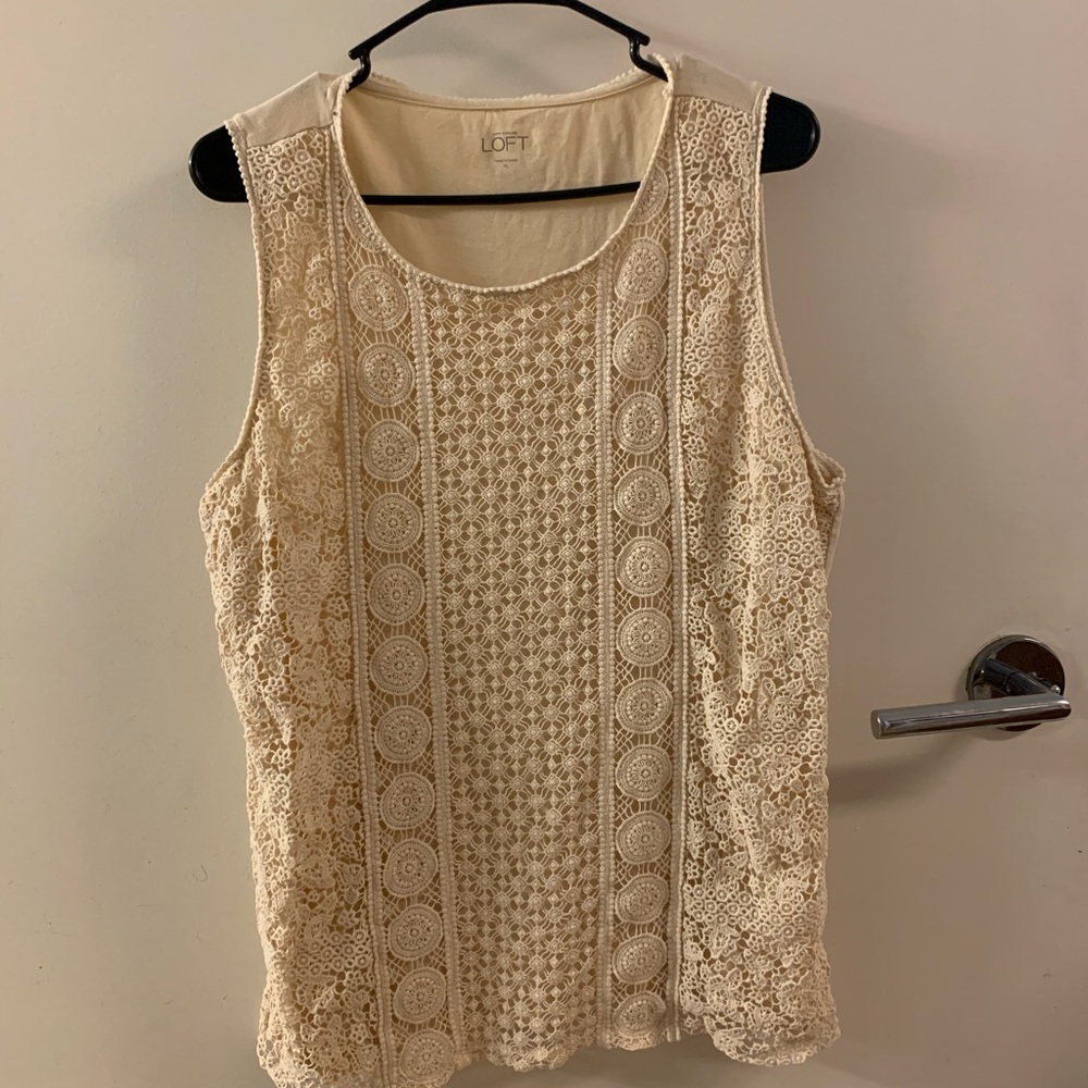 Open knit front, fabric back, cream tank top